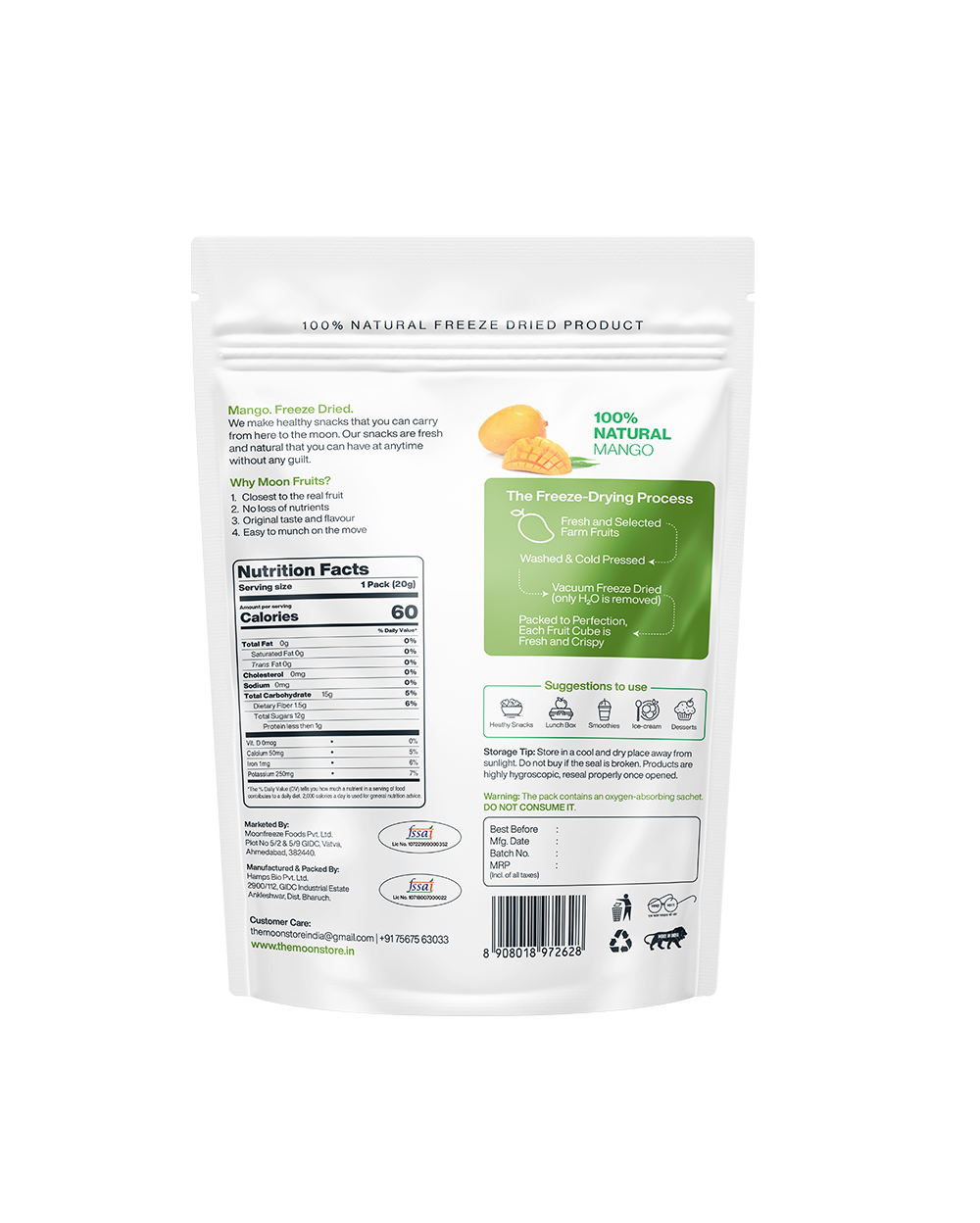 Mango Freeze-Dried Fruit package showing nutrition facts and freeze-drying process.