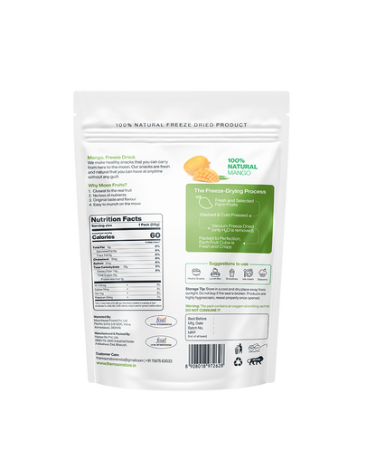 Mango Freeze-Dried Fruit package showing nutrition facts and freeze-drying process.