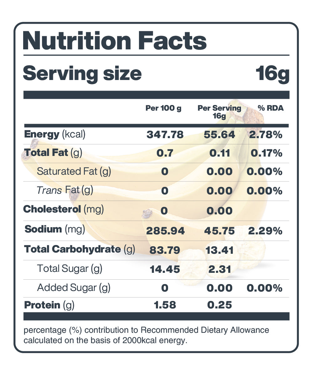 Nutritional information label for MOONFREEZE FOODS PRIVATE LIMITED healthful freeze-dried banana snack showing values per 100 grams and per serving for calories, fats, cholesterol, sodium, total carbohydrates, and protein.