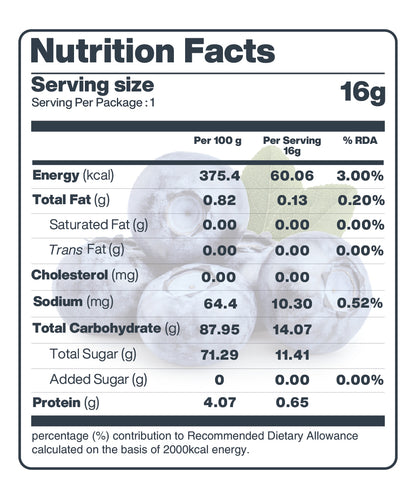 Nutrition facts label showing values per 100g and per serving (16g) for various nutrients, including energy, fats, sugars, and proteins, with percentages of the Recommended Dietary Allowance (RDA). Discover a cosmic journey of flavor with our MOONFREEZE FOODS PRIVATE LIMITED Moon Freeze Stargazer's Delight freeze-dried fruit cubes.