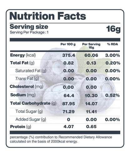 Nutrition facts of freeze-dried Blueberry product, showing details like calories, fat, carbohydrates, sugars, and protein per serving size of 16g, along with the percentage of the recommended daily allowance (RDA).