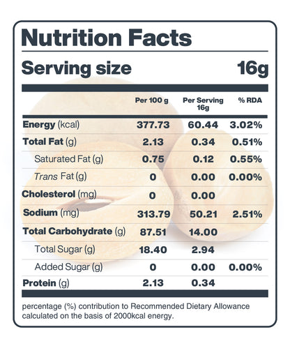 Nutritional information label displaying calorie and nutrient content per serving and per 100 grams, with percentage of recommended daily allowance for MOONFREEZE FOODS PRIVATE LIMITED's Moon Freeze Dried Chikoo + Kiwi.