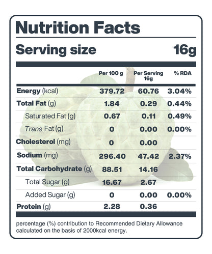 Nutrition facts label showing information per 100g and per serving, including energy, fats, cholesterol, sodium, carbohydrates, protein content, and hydration for Moon Freeze Orbit Mix Packs - Hydrate & Snack by MOONFREEZE FOODS PRIVATE LIMITED.