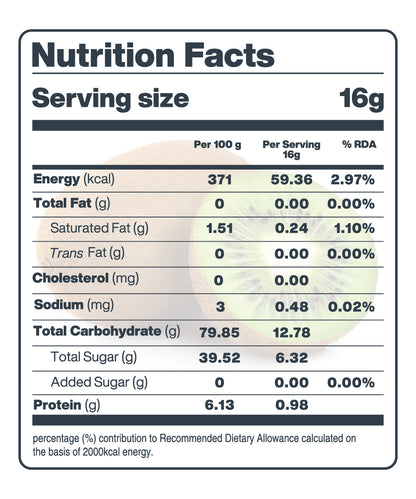 Nutritional facts label for Moon Freeze Dried Kiwi - Pack of 3 showing calorie content and percentage of recommended daily allowance for various nutrients per serving, perfect for healthy snacking. Brand Name: MOONFREEZE FOODS PRIVATE LIMITED