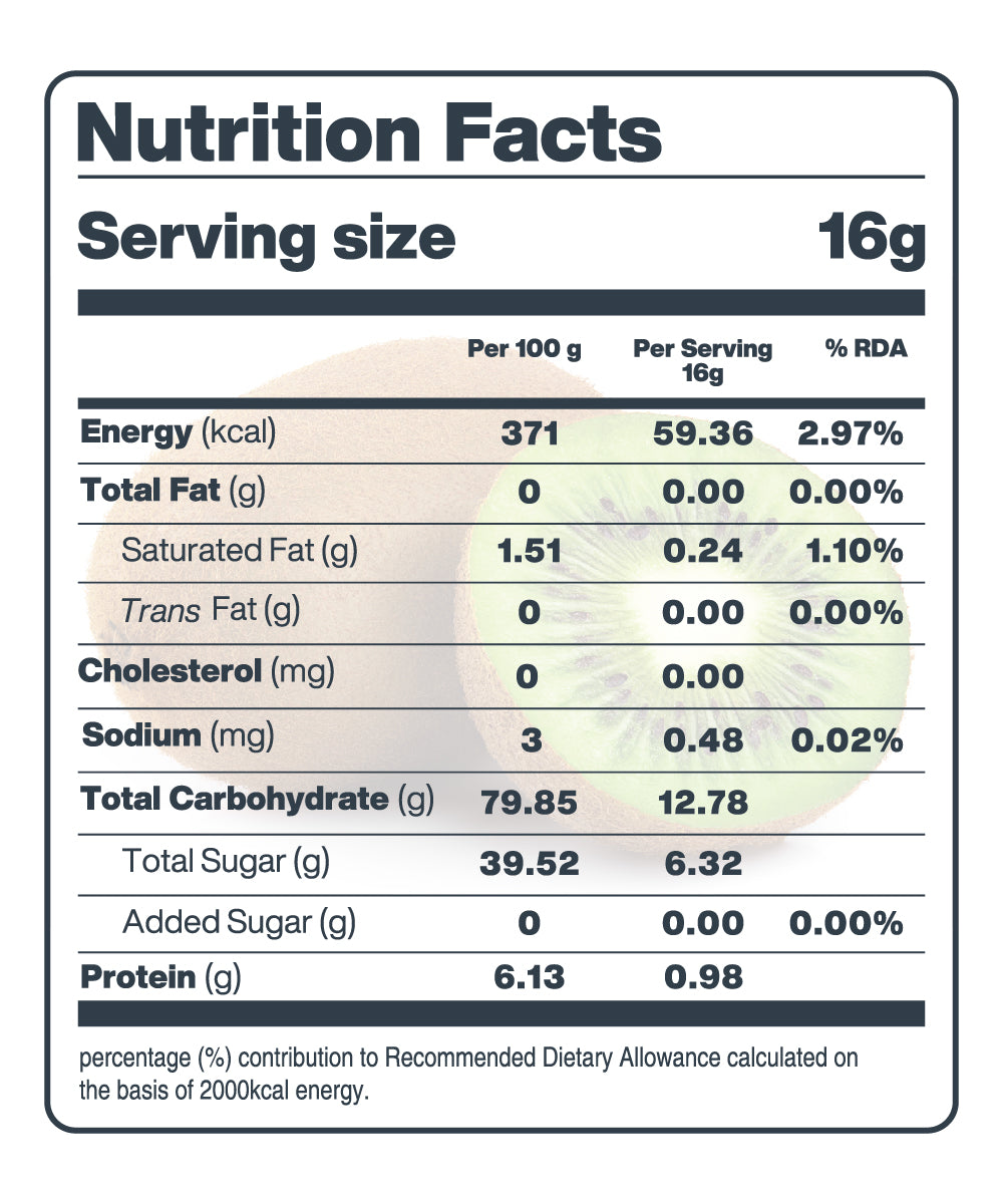 Nutrition Facts of Moon Kiwi Fresh Fruit Chips Serving size: 16g.