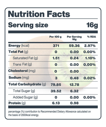 Nutrition Facts of Moon Kiwi Fresh Fruit Chips Serving size: 16g.