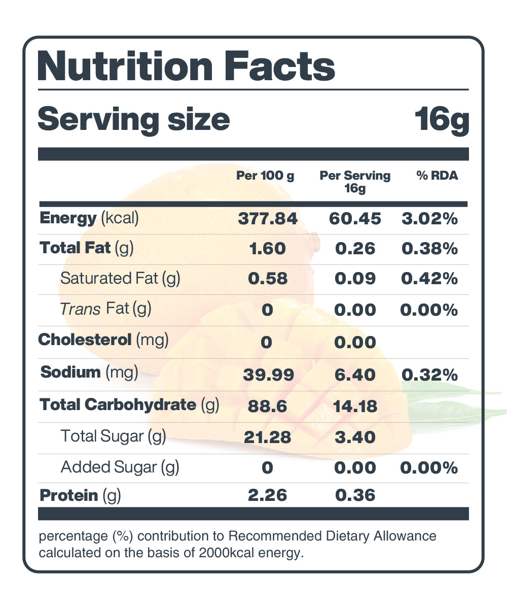 Nutrition facts label indicating energy, fat, sodium, carbohydrates, and protein content per serving and per 100g of Moon Freeze Celestial Signature Series tropical-flavored vegan-friendly snacks, along with the percentage of recommended daily allowance.