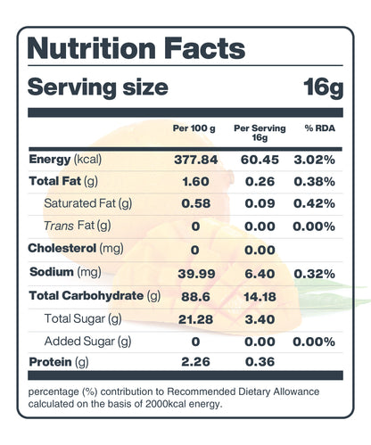Nutrition facts label for MOONFREEZE FOODS PRIVATE LIMITED's Moon Freeze Dried Banana + Mango Cubs, displaying values per 100g and per serving for energy, fats, cholesterol, sodium, carbohydrates, and protein with percentage of recommended daily allowance.