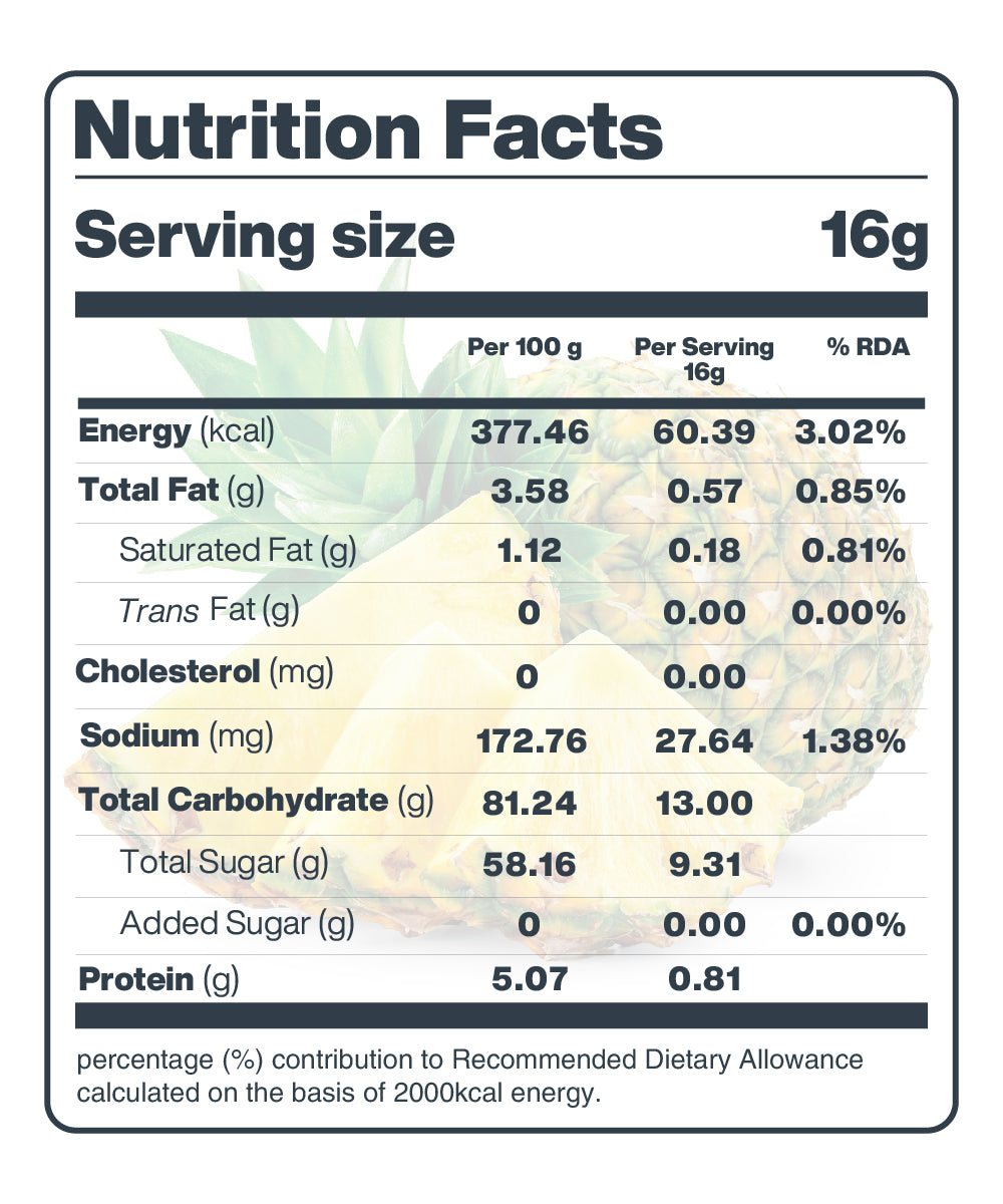 Nutritional information label serving as a Moon Freeze Dried Banana + Pineapple product description, showing calorie count, macronutrients, and recommended daily allowance percentages per serving.