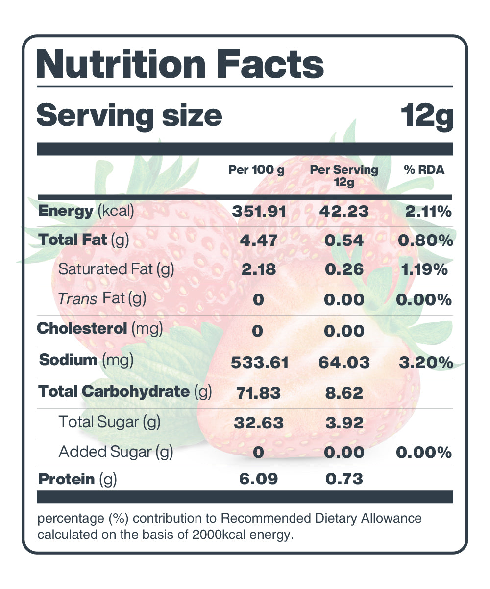 Nutrition facts label displaying caloric and nutrient information per serving and per 100 grams, including percentages of recommended dietary allowance (RDA) for Moon Freeze Cosmic Bulk Packs - Mega Hydrate Edition from MOONFREEZE FOODS PRIVATE LIMITED.