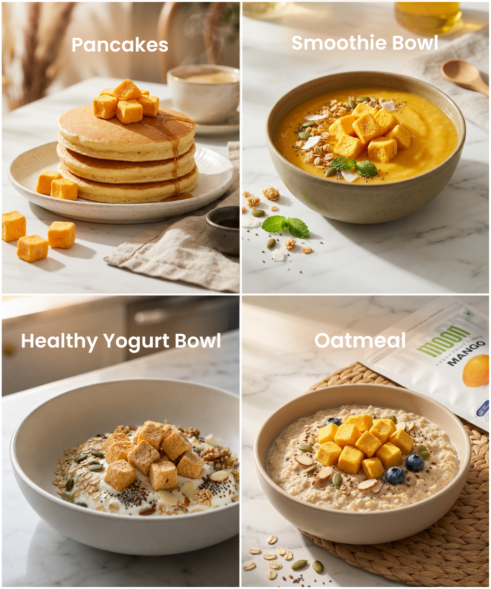 Four dishes—pancakes, smoothie bowl, yogurt bowl, and oatmeal—each topped with Themoonstoreindia’s Moon Freeze Dried Mango Cubes, are arranged in a grid on a light background.