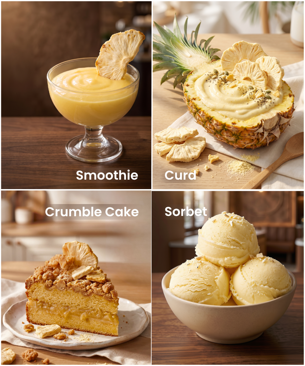 Enjoy four pineapple treats, each topped with Moon Freeze Dried Pineapple by Themoonstoreindia: a no added sugar smoothie, curd in a pineapple shell, crumble cake slice, and sorbet scoops—a healthy snack twist!.
