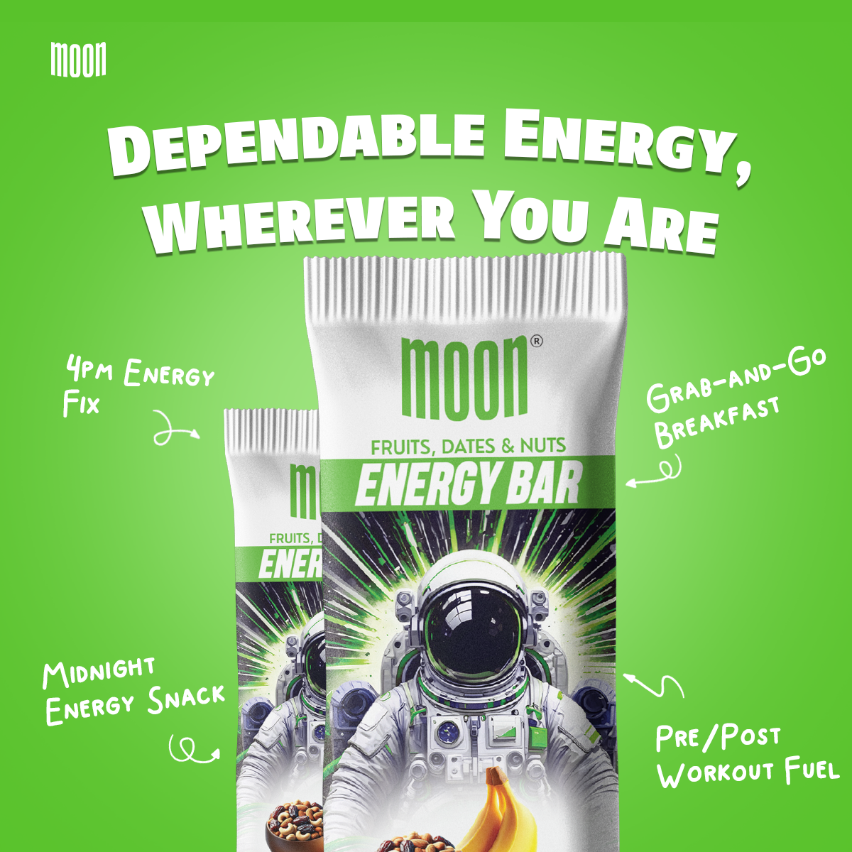 Two packaged MOON Energy Bars - Banana (6 Pack) from MOONFREEZE FOODS PRIVATE LIMITED, featuring an astronaut design, are shown on a green background. Their benefits are highlighted: 4pm Energy Fix, Midnight Energy Snack, Grab-and-Go Breakfast, Pre/Post Workout Fuel. Enjoy these bars with freeze-dried fruits for a convenient meal replacement anytime.