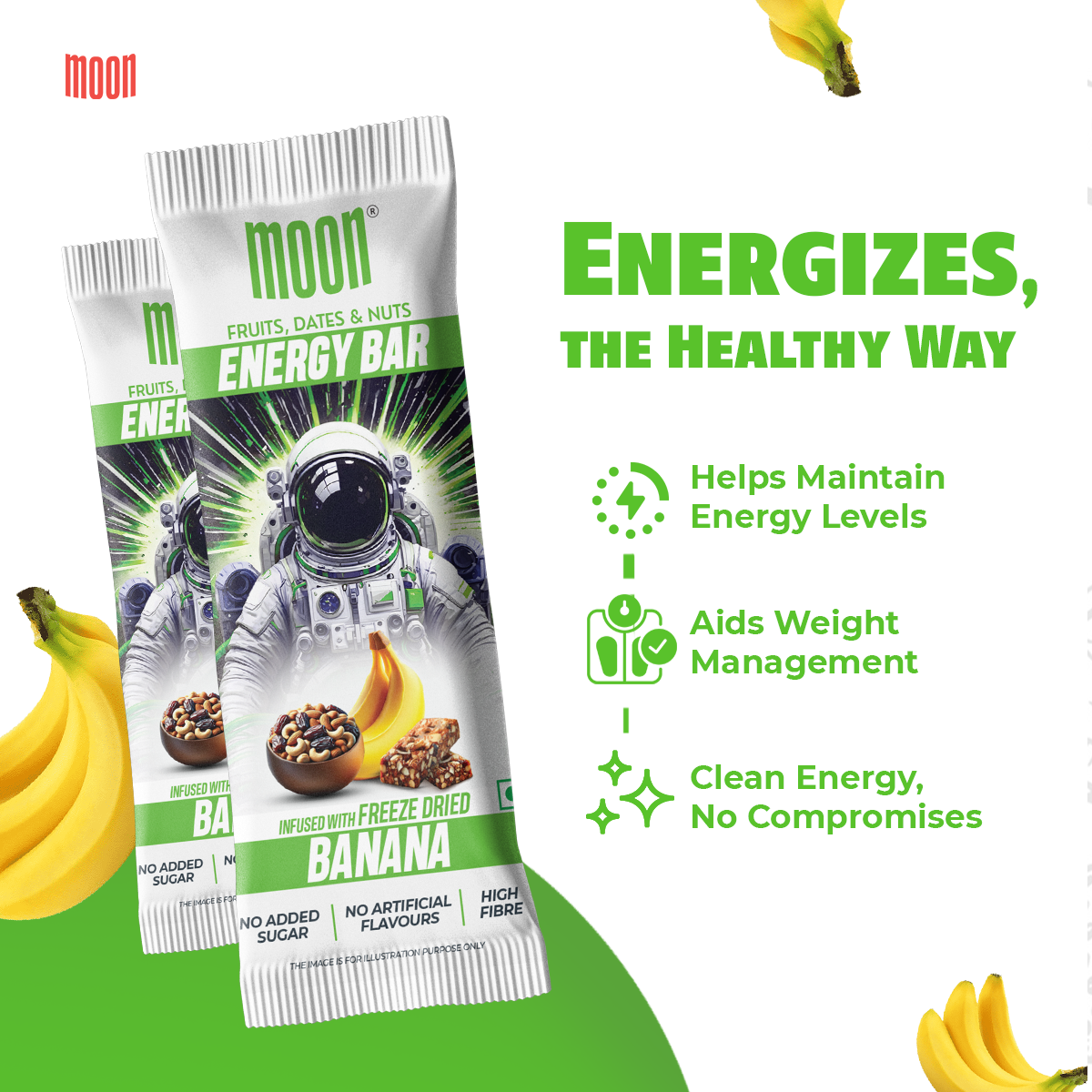 Two MOON Energy Bars - Banana (6 Pack), by MOONFREEZE FOODS PRIVATE LIMITED, are shown alongside text highlighting their benefits: they help maintain energy levels, aid weight management, and provide clean energy with no additives—all made with natural ingredients.