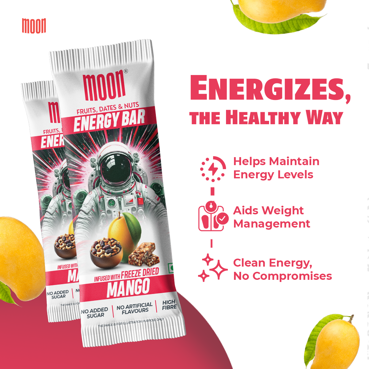 Six packs of MOON Energy Bars - Mango by MOONFREEZE FOODS PRIVATE LIMITED, featuring a space-themed design. Text highlights benefits: "Helps Maintain Energy Levels," "Aids Weight Management," and "Clean Energy, No Compromises." Perfect as a meal replacement, they feature freeze-dried fruits for an extra boost.