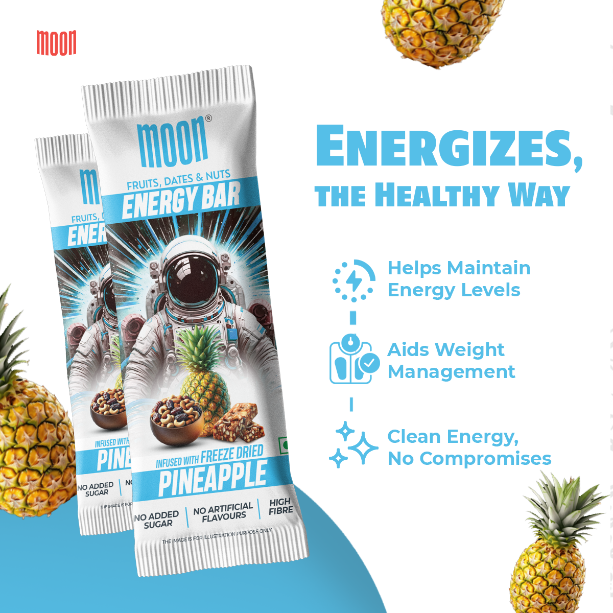 Image of two packets labeled "MOON Energy Bar - Pineapple (6 Pack)" from MOONFREEZE FOODS PRIVATE LIMITED. Text highlights the benefits: "Energizes, The Healthy Way," "Helps Maintain Energy Levels," "Aids Weight Management," and "High in Fiber, Clean Energy, No Compromises." Pineapples decorate the background. Made with natural ingredients.