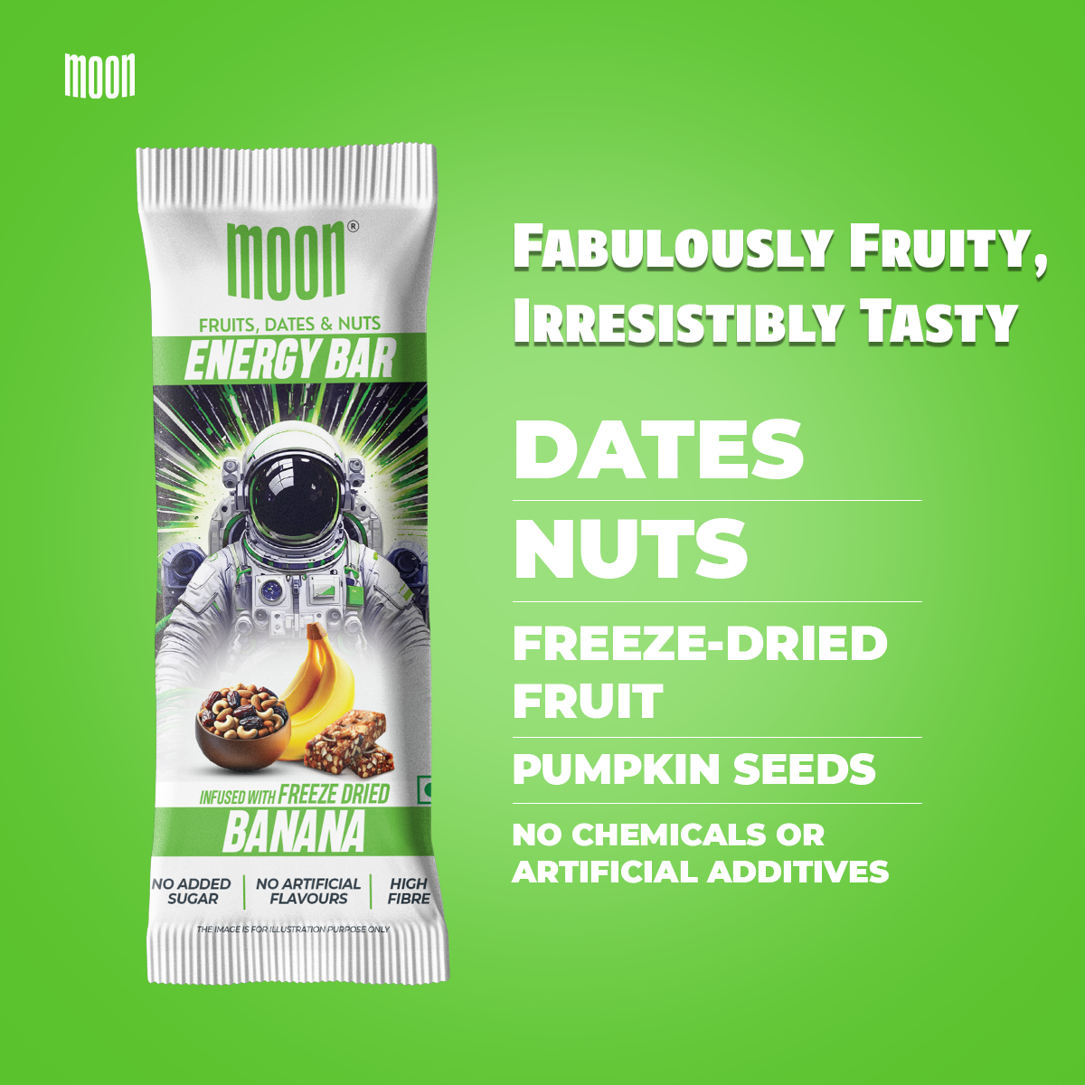 The packaging of the MOON Energy Bar - Banana (6 Pack) from MOONFREEZE FOODS PRIVATE LIMITED features an astronaut graphic and text listing ingredients: dates, nuts, freeze-dried fruits, pumpkin seeds, with no chemicals or artificial additives. This high-fiber meal replacement bar comes in a delicious banana flavor.