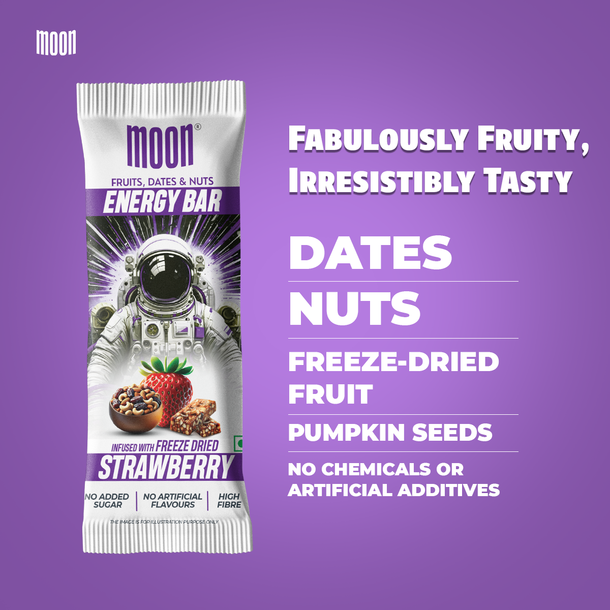 The MOON Energy Bar - Strawberry (6 Pack) from MOONFREEZE FOODS PRIVATE LIMITED, showcased in its wrapper against a purple background, is labeled "Moon Energy Bar" and features ingredients such as dates, nuts, freeze-dried fruit, pumpkin seeds, with no added sugar or artificial additives.