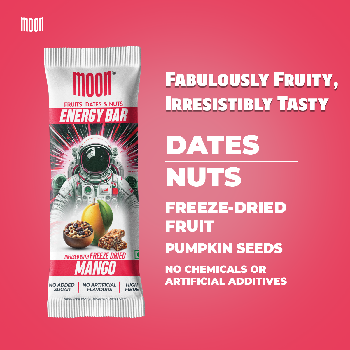 A MOON Energy Bar - Mango (6 Pack) wrapper from MOONFREEZE FOODS PRIVATE LIMITED features an image of an astronaut, mango, and nuts. The text reads: "Dates, Nuts, Freeze-dried fruits, Pumpkin seeds. No chemicals or artificial additives. Fabulously fruity, irresistibly tasty." Perfect as a meal replacement on-the-go.