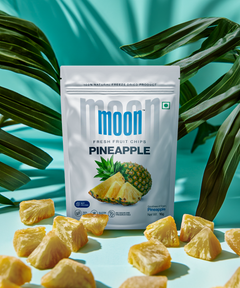Freeze-dried Pineapple chips with fresh pineapple slices in a tropical setting.