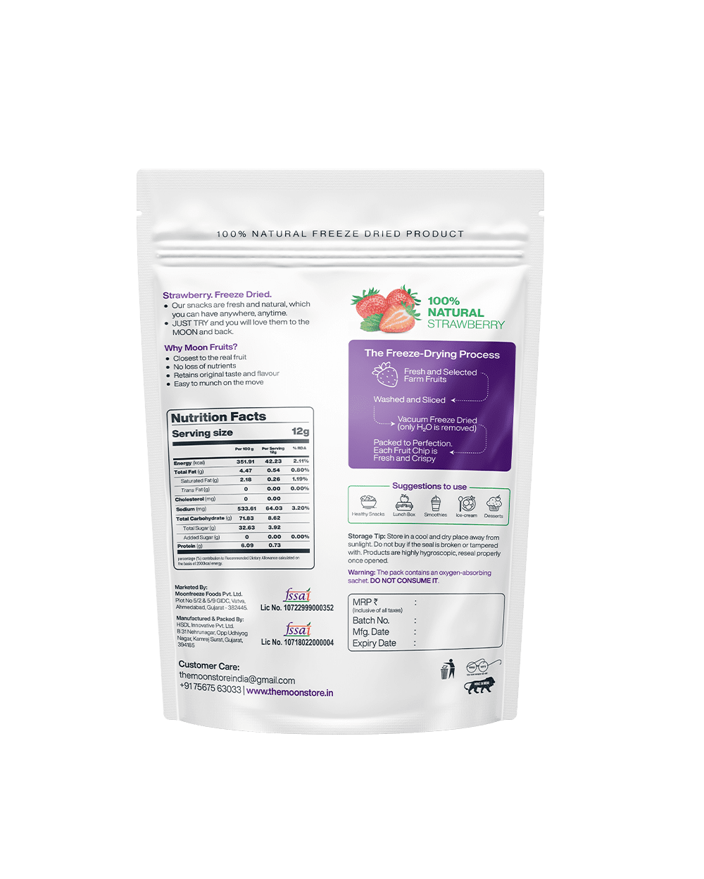 A pack of Moon Freeze Dried Strawberry + Blueberry from MOONFREEZE FOODS PRIVATE LIMITED with nutritional information and product details on the label, offering sophisticated snacking with nutritional benefits.