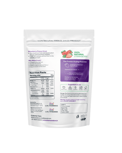 Strawberry Freeze-Dried Fruit Chips package with detailed nutritional information and freeze-drying process.