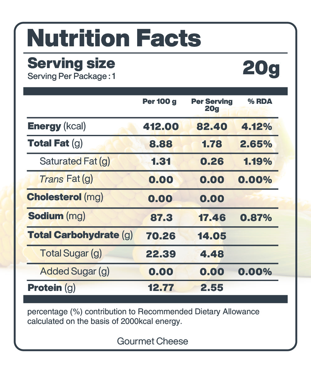 Nutritional label showing serving size and percentages of recommended dietary allowance for calories, fats, cholesterol, sodium, carbohydrates, and protein in Moon Freeze Dried Crispy Corn Gourmet Cheese snack from MOONFREEZE FOODS PRIVATE LIMITED.