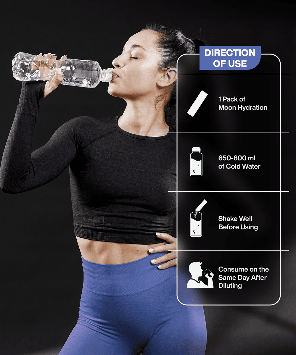 A person in athletic wear drinks from a clear water bottle beside an instruction panel that details mixing one pack of MOONFREEZE FOODS PRIVATE LIMITED's Lunar Hydration Booster - Blueberry with 650-800 ml of cold water, shaking well, and consuming the same day for rapid hydration.