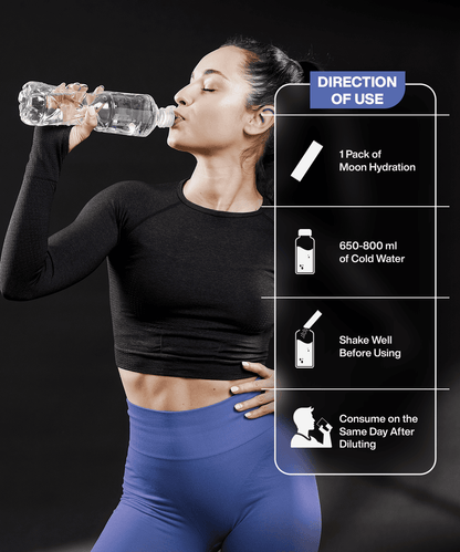 A person in athletic wear drinks from a water bottle. Next to them, instructions read: "1 pack of Moon Lunar Blueberry Hydration Stick Pack of 2, 650-800 ml of cold water, shake well before using, consume on the same day after diluting". Enjoy the vitamin-infused blueberry hydration booster for optimal refreshment from MOONFREEZE FOODS PRIVATE LIMITED.