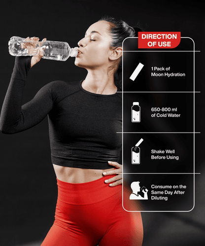 A woman in athletic wear drinks from a water bottle. Next to her, instructions read: 1 pack of Moon Lunar Hydration - Pack of 36 (Monthly Pack) by MOONFREEZE FOODS PRIVATE LIMITED, 650-800 ml cold water, shake well before using, consume same day after diluting for optimal vitamins and electrolytes.