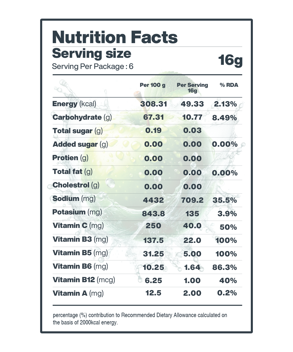 Nutrition Facts for Lunar Hydration Booster: Green Apple flavor.