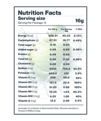 A sample nutrition facts label displaying caloric content and various nutrients per serving size and percentage of daily recommended intakes for Moon Green Apple + Lemon Lunar Hydration Booster by MOONFREEZE FOODS PRIVATE LIMITED.