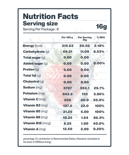 Nutrition facts label detailing servings per package, serving size, and percentage of recommended dietary allowance for energy, carbohydrates, sugars, fiber, protein, fats, sodium, various vitamins—and includes fast hydration with electrolyte-rich benefits from the Moon Lunar Blueberry and Strawberry Hydration Stick Combo from MOONFREEZE FOODS PRIVATE LIMITED.