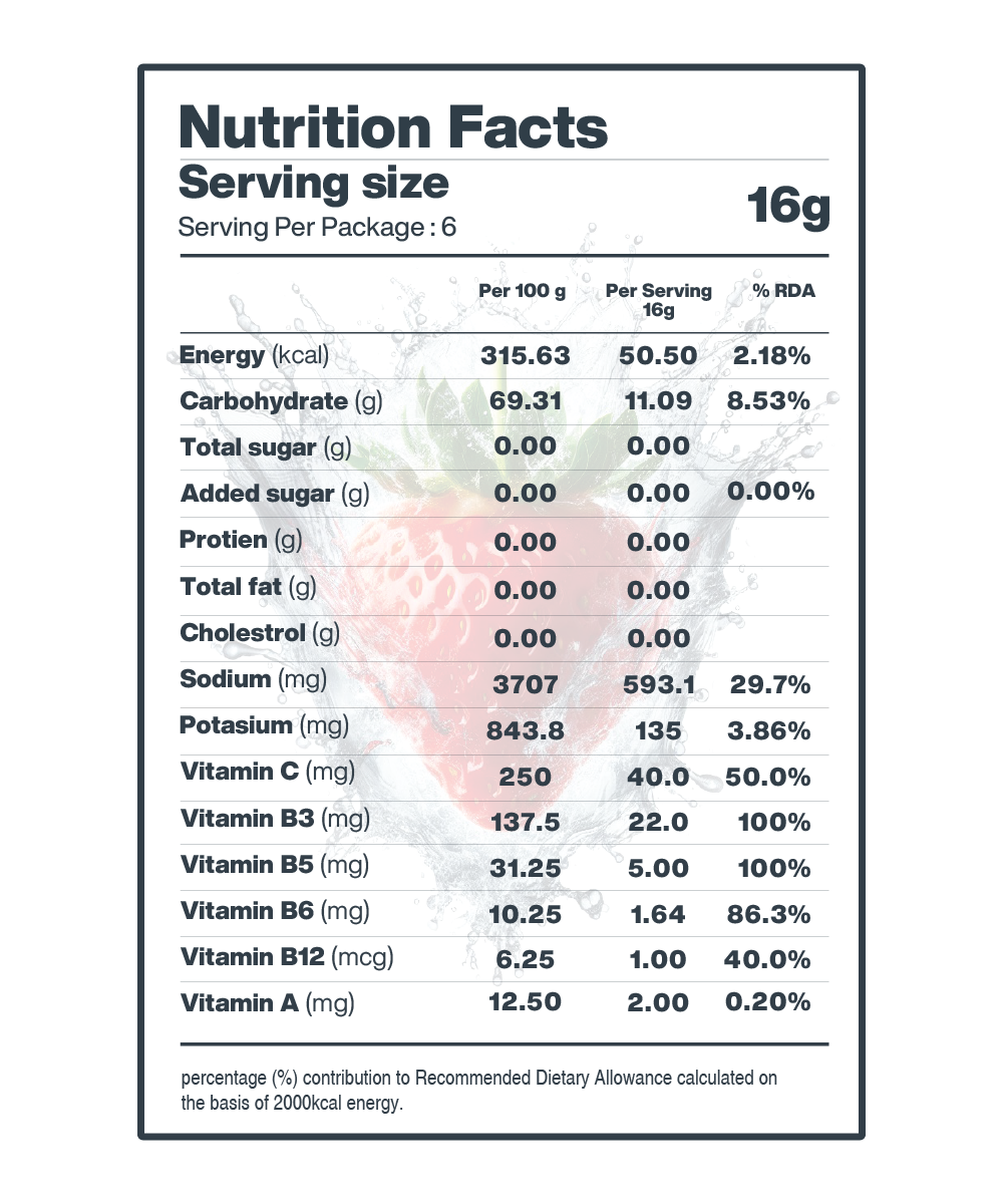 Nutritional facts label showing serving size information and the breakdown of calories, carbohydrates, sugars, proteins, fats, cholesterol, sodium, selected vitamins and minerals, with percentage of recommended daily intake for a Moon Strawberry Lunar Hydration Booster from MOONFREEZE FOODS PRIVATE LIMITED.