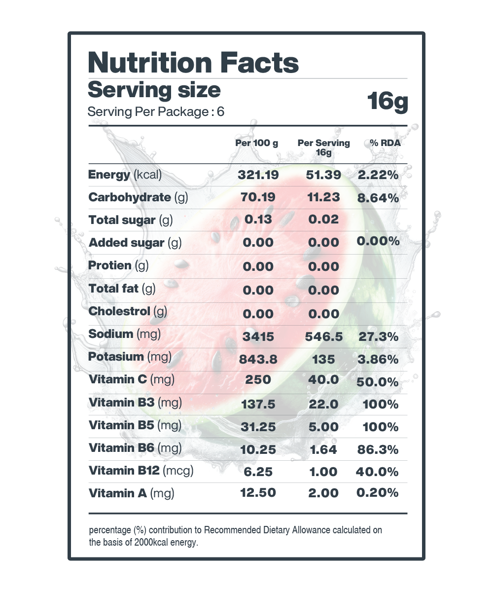 A nutrition facts label showing serving size, calories, and detailed breakdown of macro and micronutrient content, natural ingredients: made with real Moon Lunar Watermelon + Lemon Hydration Booster from MOONFREEZE FOODS PRIVATE LIMITED.