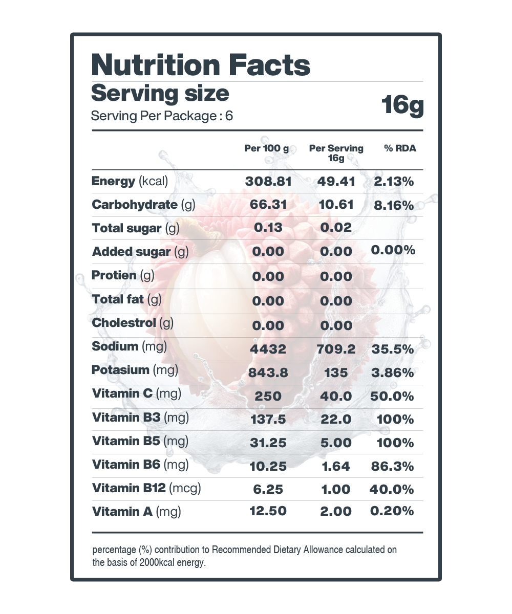 Nutritional information label displaying serving size, calories, various nutrient contents, and hydration benefits for Moon Lunar Watermelon + Lychee Hydration Booster by MOONFREEZE FOODS PRIVATE LIMITED.