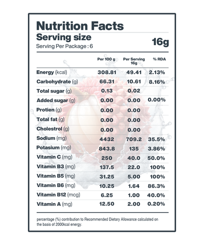 Nutrition facts label for the Moon Lunar Strawberry and Lychee Hydration Stick Combo by MOONFREEZE FOODS PRIVATE LIMITED. Serving size: 16g. Information includes calories, carbohydrates, sugars, protein, fats, cholesterol, sodium, and various vitamins with % RDA values. Made with natural flavors for a refreshing taste!