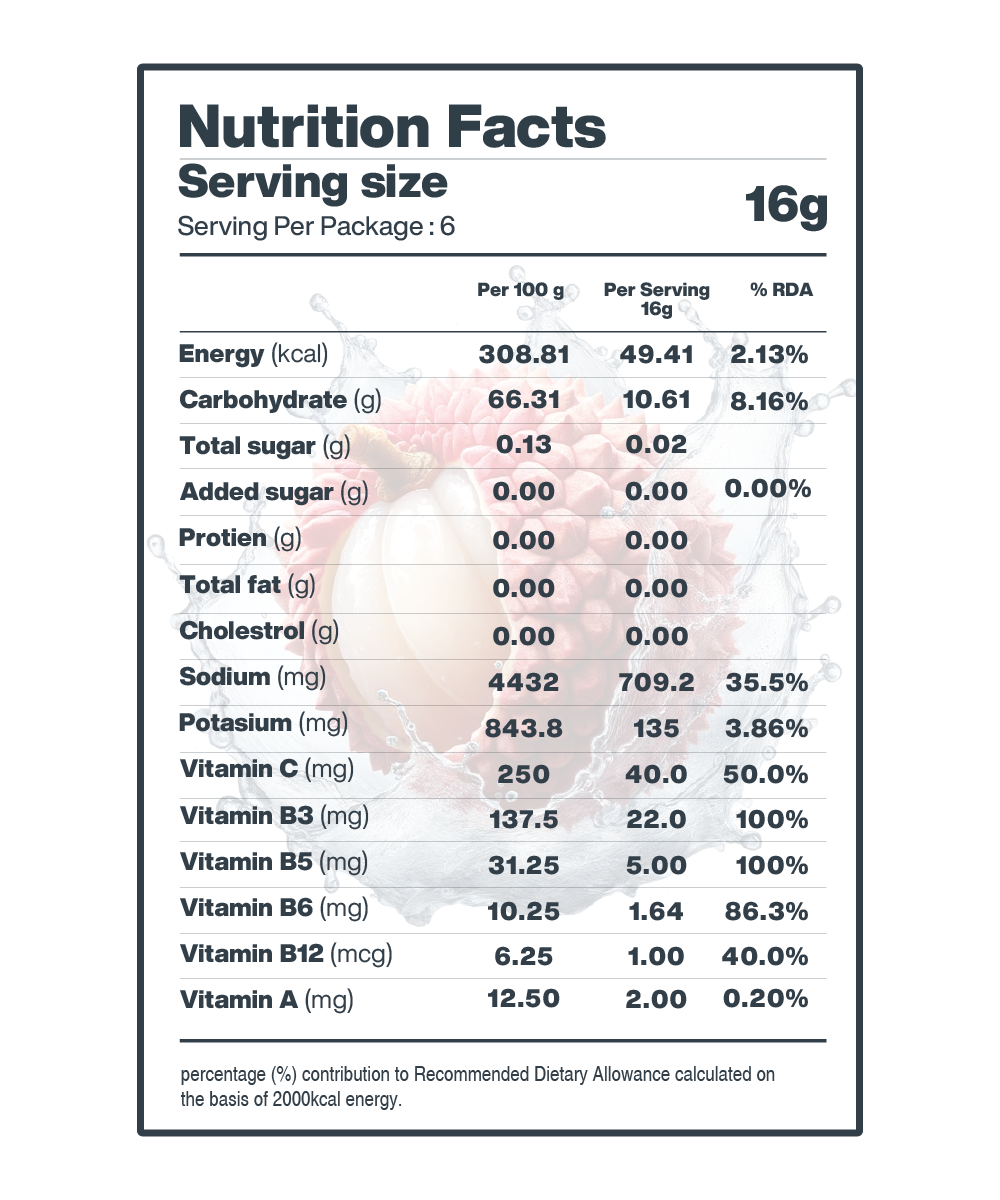 Nutrition facts for Lunar Hydration Booster, 16g serving size, per package: 6.