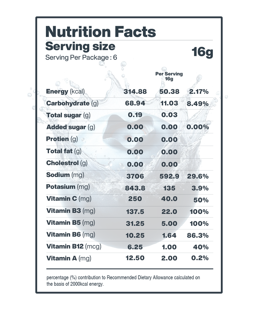 Nutritional facts label with serving size and percentage of daily values for various nutrients, including electrolyte content for hydration, Moon Blueberry Lunar Hydration Booster - Pack of 3 from MOONFREEZE FOODS PRIVATE LIMITED.