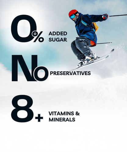 A skier in mid-air with bold text: "Lunar Hydration Booster - Blueberry Flavour by MOONFREEZE FOODS PRIVATE LIMITED: 0% added sugar, No preservatives, 8+ vitamins & minerals, Hydration Booster" on a snowy background.