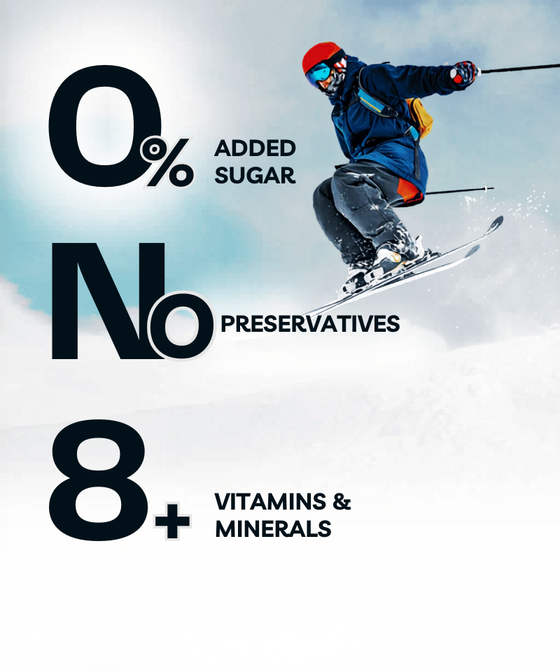 A skier in mid-air with bold text: "Lunar Hydration Booster - Blueberry Flavour by MOONFREEZE FOODS PRIVATE LIMITED: 0% added sugar, No preservatives, 8+ vitamins & minerals, Hydration Booster" on a snowy background.