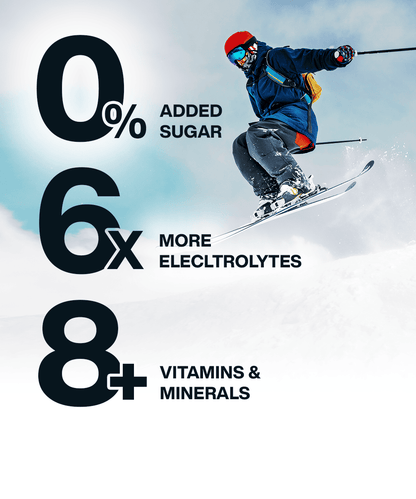 A skier in mid-air against a snowy backdrop. Overlay text: "0% added sugar, 6x more electrolytes for rapid hydration, 8+ vitamins & minerals. Try MOONFREEZE's Lunar Hydration Booster - Blueberry.