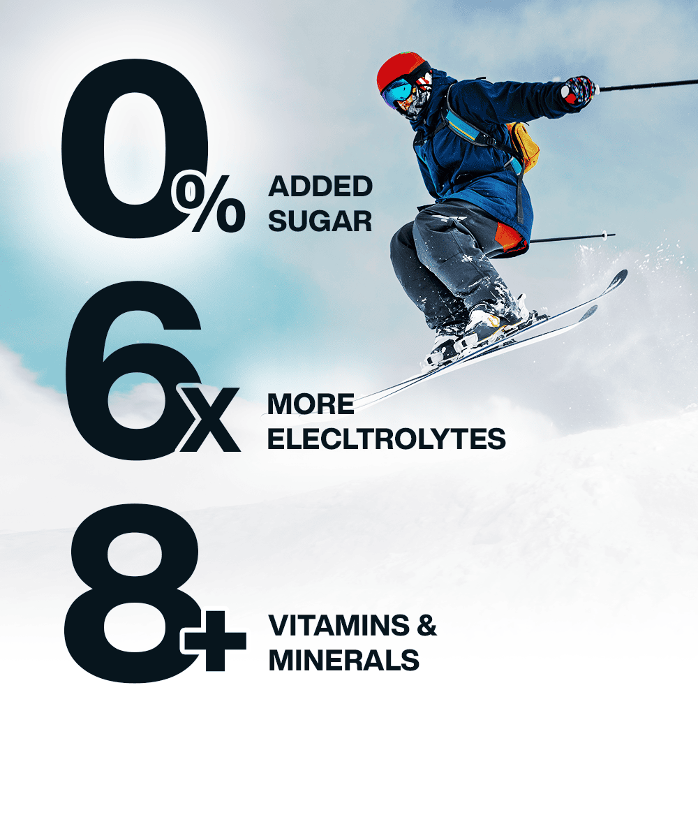 Skier mid-jump against snowy background with text: "0% added sugar, 6x more electrolytes, 8+ vitamins & minerals." Moon Lunar Blueberry and Strawberry Hydration Stick Combo made with natural flavors by MOONFREEZE FOODS PRIVATE LIMITED.