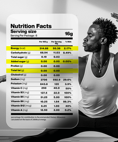 Nutrition facts label showing detailed information per 100g and per serving (16g). Highlights: Calories 50.38 per serving, Carbohydrates 11.03g per serving, Protein 0g, Fat 0g. Background: person exercising while enjoying a Moon Lunar Lemon Hydration Stick Pack of 2 packed with electrolytes from MOONFREEZE FOODS PRIVATE LIMITED.