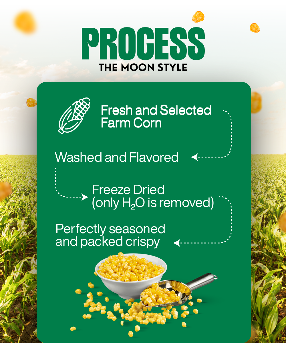 Infographic detailing the corn processing steps: fresh and selected natural corn from the farm, washed and flavored with sour cream and onion, freeze dried (H2O removed), perfectly seasoned and packed crispy, with a bowl of MOONFREEZE FOODS PRIVATE LIMITED Freeze Dried Crispy Corn Sour Cream & Onion in the foreground.
