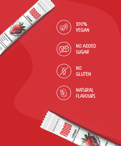 Two Lunar Hydration Booster - Strawberry bars from MOONFREEZE FOODS PRIVATE LIMITED on a red background with text stating "100% Vegan, No Added Sugar, No Gluten, Natural Flavours" alongside corresponding icons. These strawberry-flavored bars are packed with essential electrolytes.