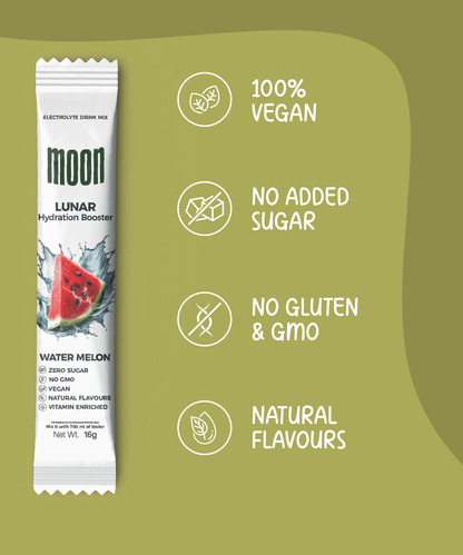 Image of Moon Lunar Hydration Stick packet in Watermelon flavor by MOONFREEZE FOODS PRIVATE LIMITED, highlighting features: 100% Vegan, No Added Sugar, No Gluten & GMO, Natural Flavours. Packed with electrolytes and vitamins, this hydration booster has a slice of watermelon on the packet.