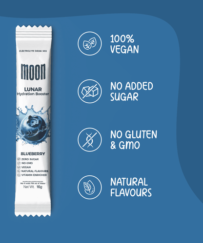 A single-serving Blueberry Hydration Booster packet on a blue background is labeled "Lunar Hydration Booster - Blueberry" by MOONFREEZE FOODS PRIVATE LIMITED, featuring text that highlights 100% vegan ingredients, no added sugar, gluten & GMO-free composition, natural flavors, and rapid hydration electrolytes.