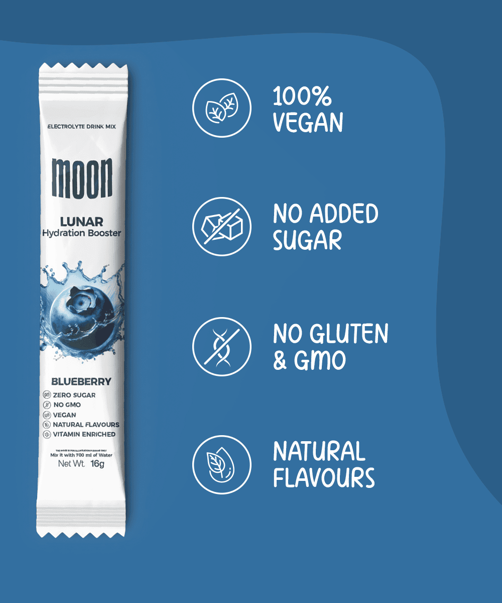 A packet of Moon Lunar Blueberry Hydration Stick Pack of 2 from MOONFREEZE FOODS PRIVATE LIMITED, next to text highlighting its features: 100% vegan, electrolyte-rich, no added sugar, no gluten & GMO, vitamin-infused and natural flavors.