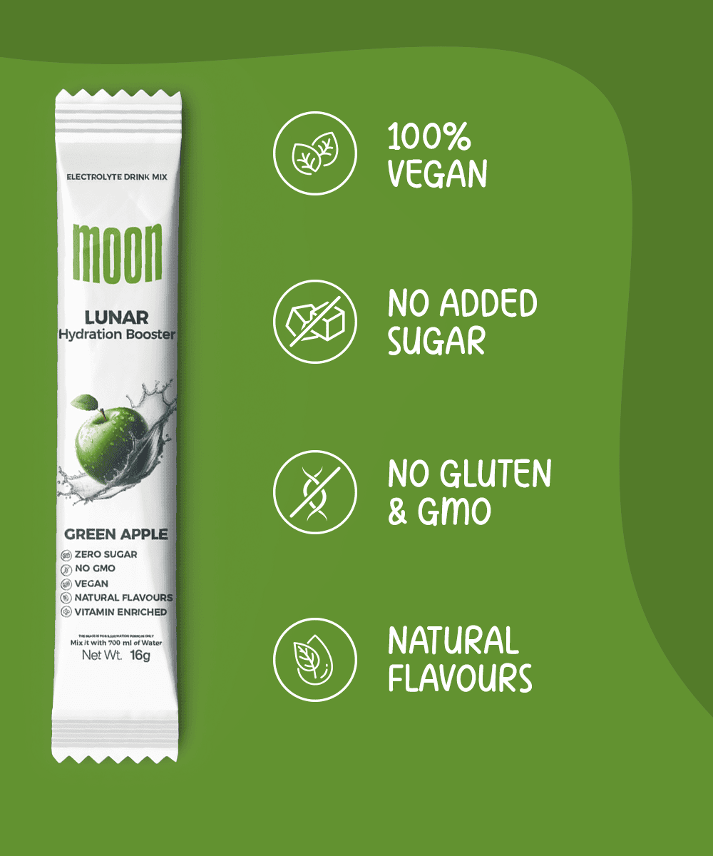 A green Moon Lunar Hydration Booster pack (Green Apple Flavour) by MOONFREEZE FOODS PRIVATE LIMITED, features: 100% vegan, no added sugar, gluten & GMO-free, and natural flavors. It's packed with essential electrolytes for optimal hydration and fortified with a B-vitamin complex for extra boost.